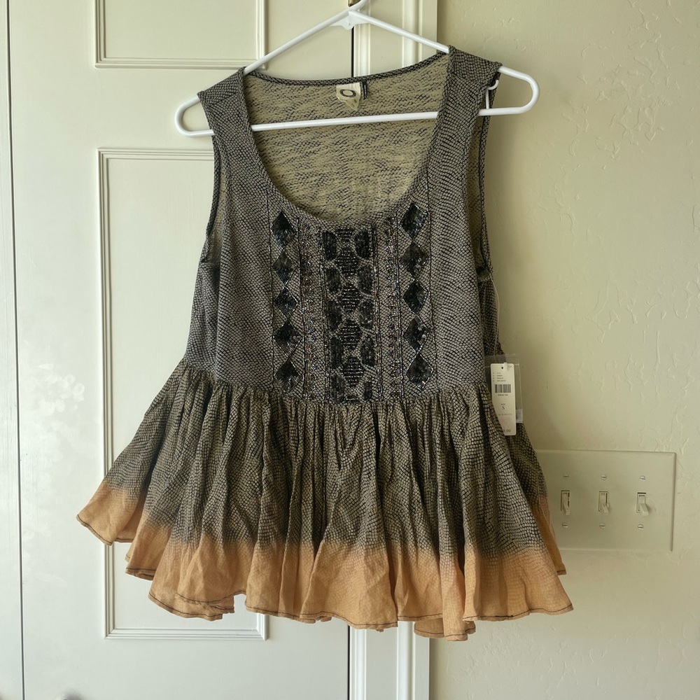 Anthropologie Akemi Kin Anaphora Tank Top Size Small Peplum Yellow Beaded Boho